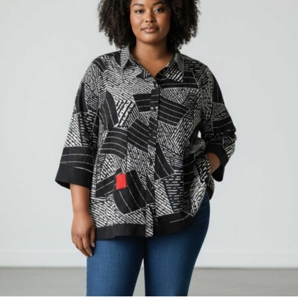 Ali Miles Shirt Womens XL Tunic Button Pockets Top abstract